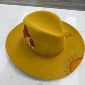 Olive & Pique Hand Painted Mushroom and Sun Wool Rancher Hat